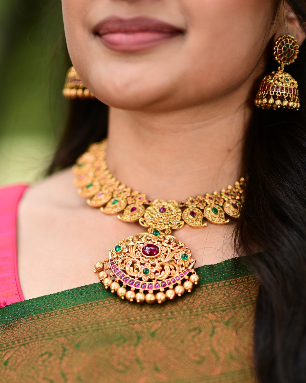 Athmi | Traditional Mango Design Necklace Set with Kemp Stones