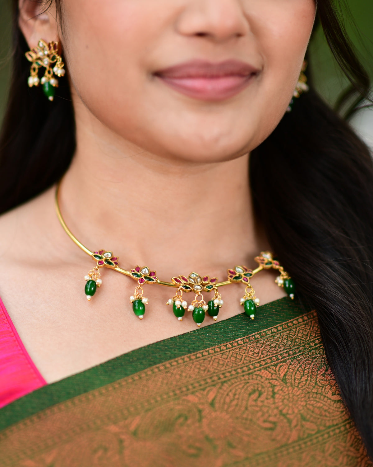 Kivaa | Lotus Designed Choker set with Green Beads