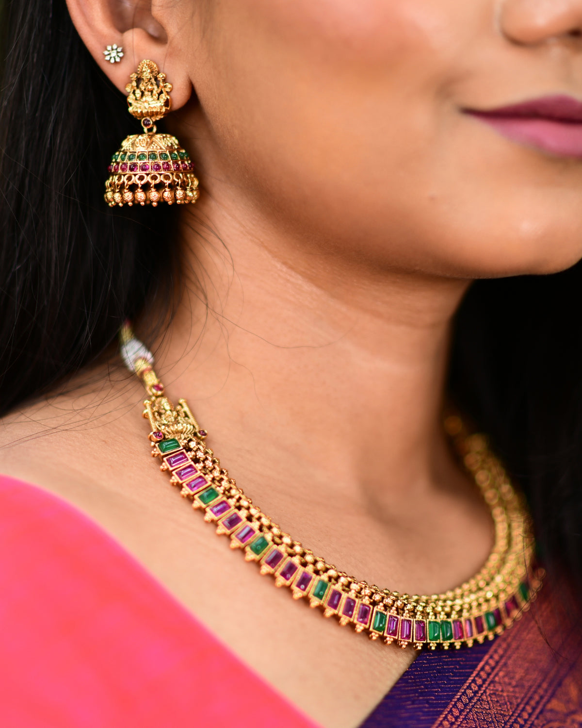 Lakshmi | Traditional Choker Set with Kemp Stones in Goddess Lakshmi Design