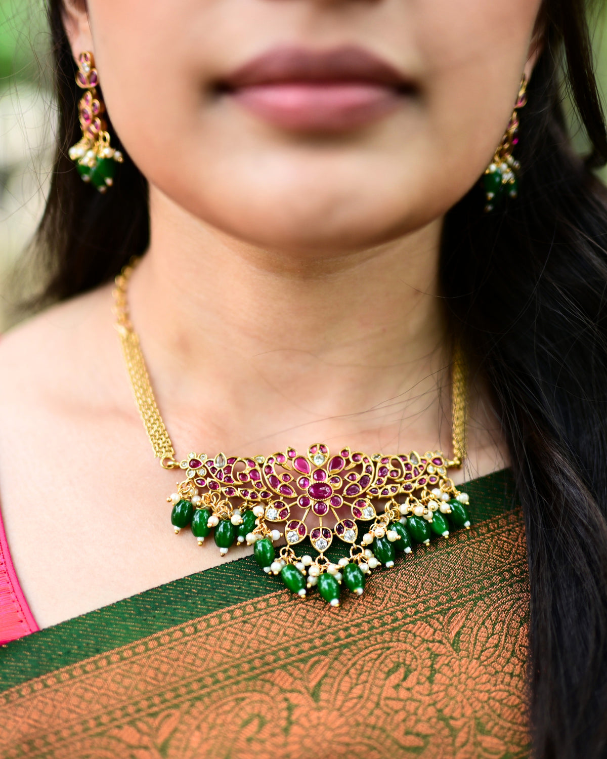 Mayura | Peacock Designed Necklace Set with Green Beads