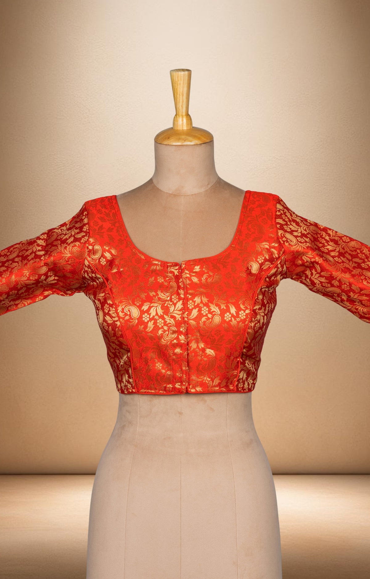 Royal Red Brocade Blouse with Elbow Sleeves