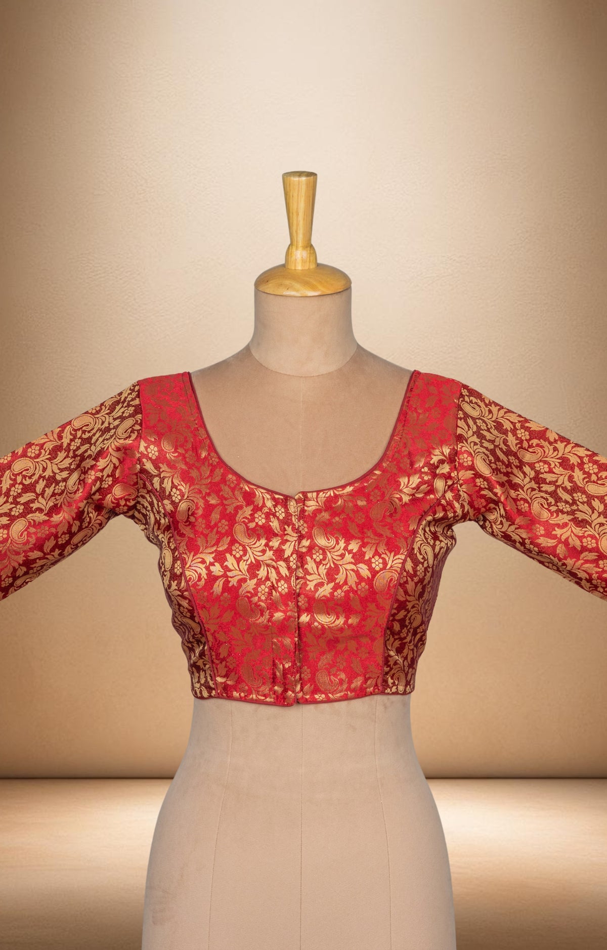 Dark Red Brocade Blouse with Elbow Sleeves