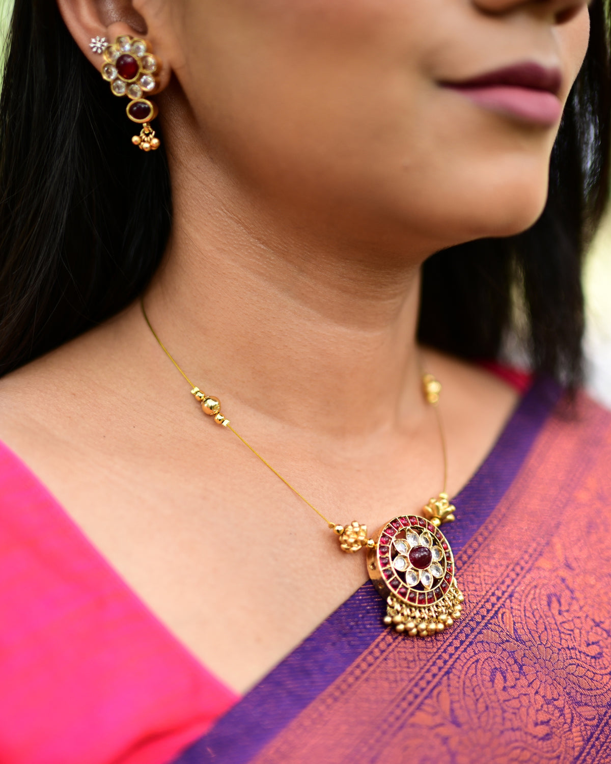 Sitara | Traditional Floral Design Necklace Set with Red Kemp Stones