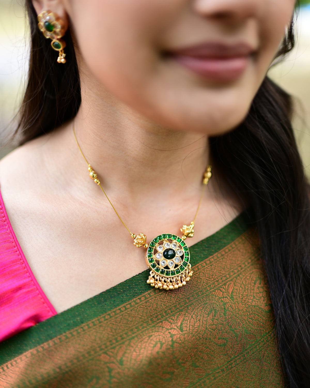 Nitara | Traditional Floral Design Necklace Set with Green Kemp Stones