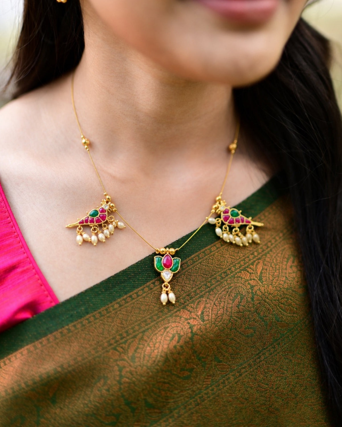 Anvi | Delicate Thin Necklace with Lotus and Parrot Design