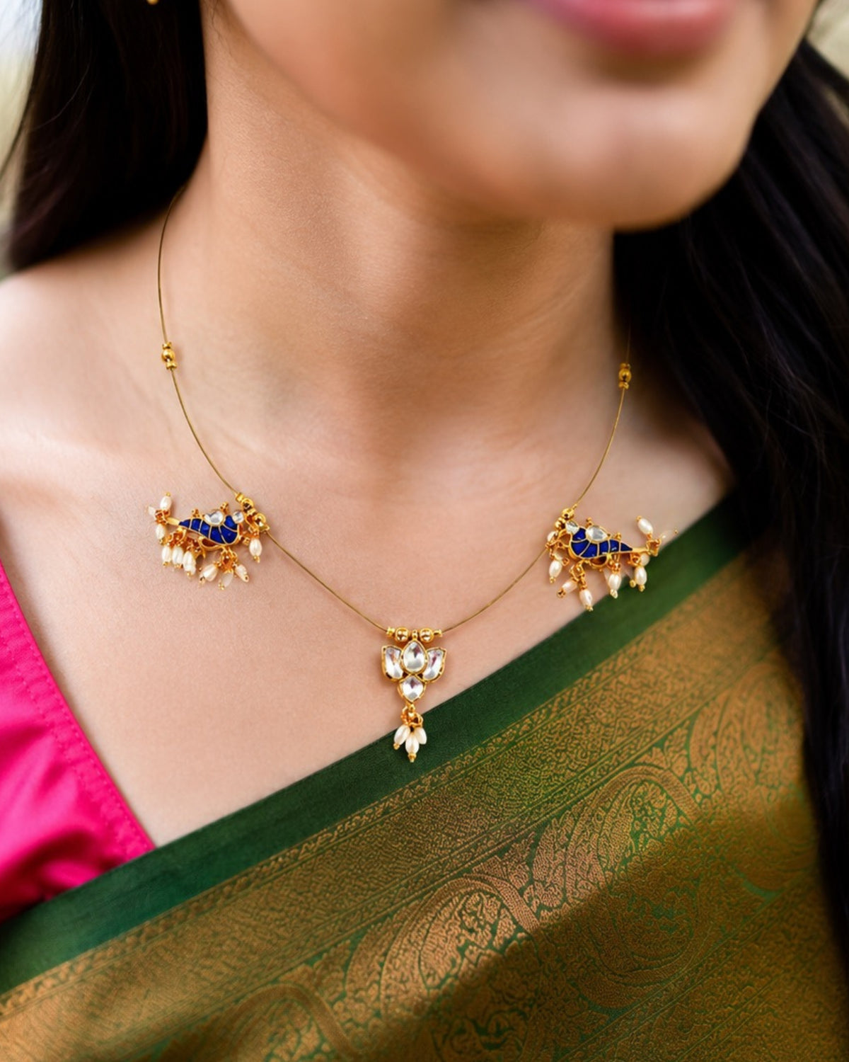 Tanvi | Delicate Thin Necklace with Lotus and Parrot Design