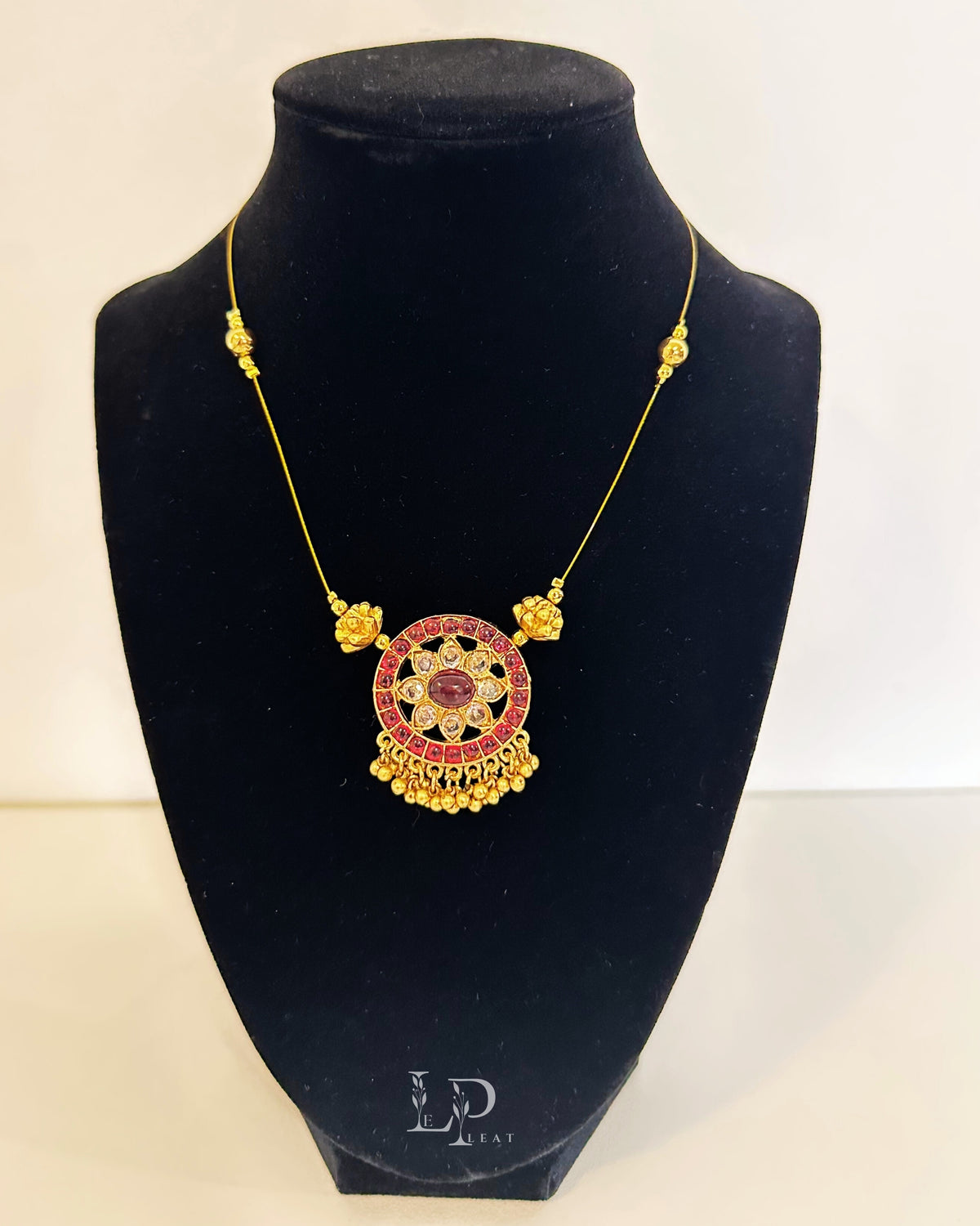Sitara | Traditional Floral Design Necklace Set with Red Kemp Stones