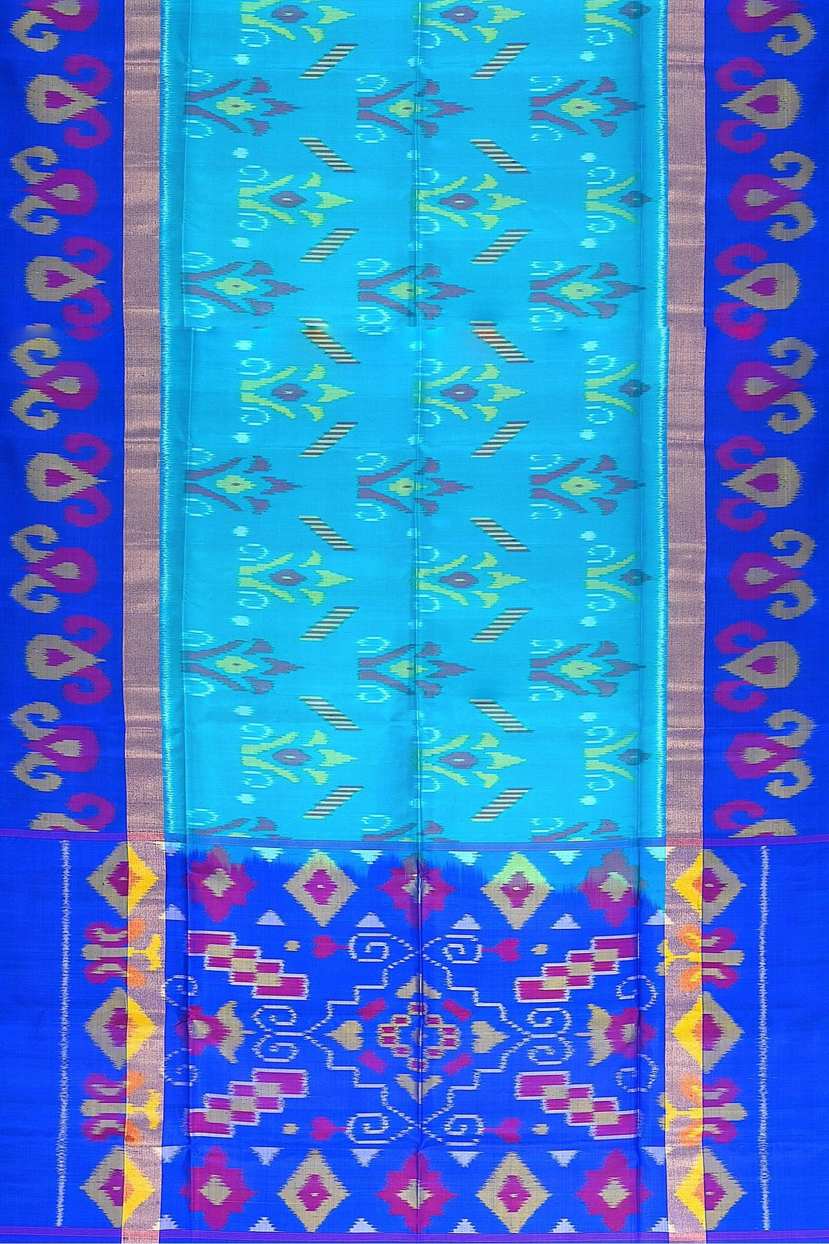 A flat representation of the handwoven pochampally soft silk saree in sky blue base, dark blue pallu & border with Ikkat motifs in half fine zari.