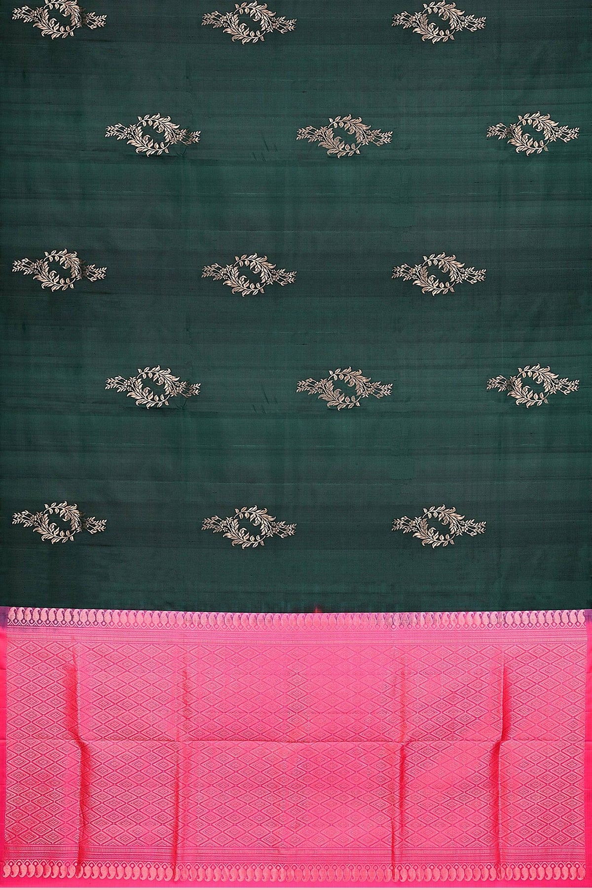 A flat representation of the handwoven soft silk saree in green base and pink pallu with floral motifs in silver & copper zari.