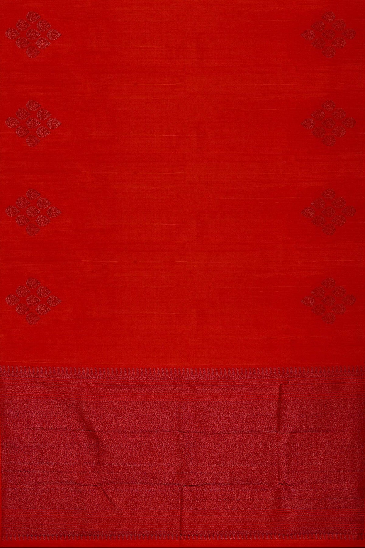 A flat representation of the handwoven soft silk saree in red body & pallu with floral motifs in neem zari.