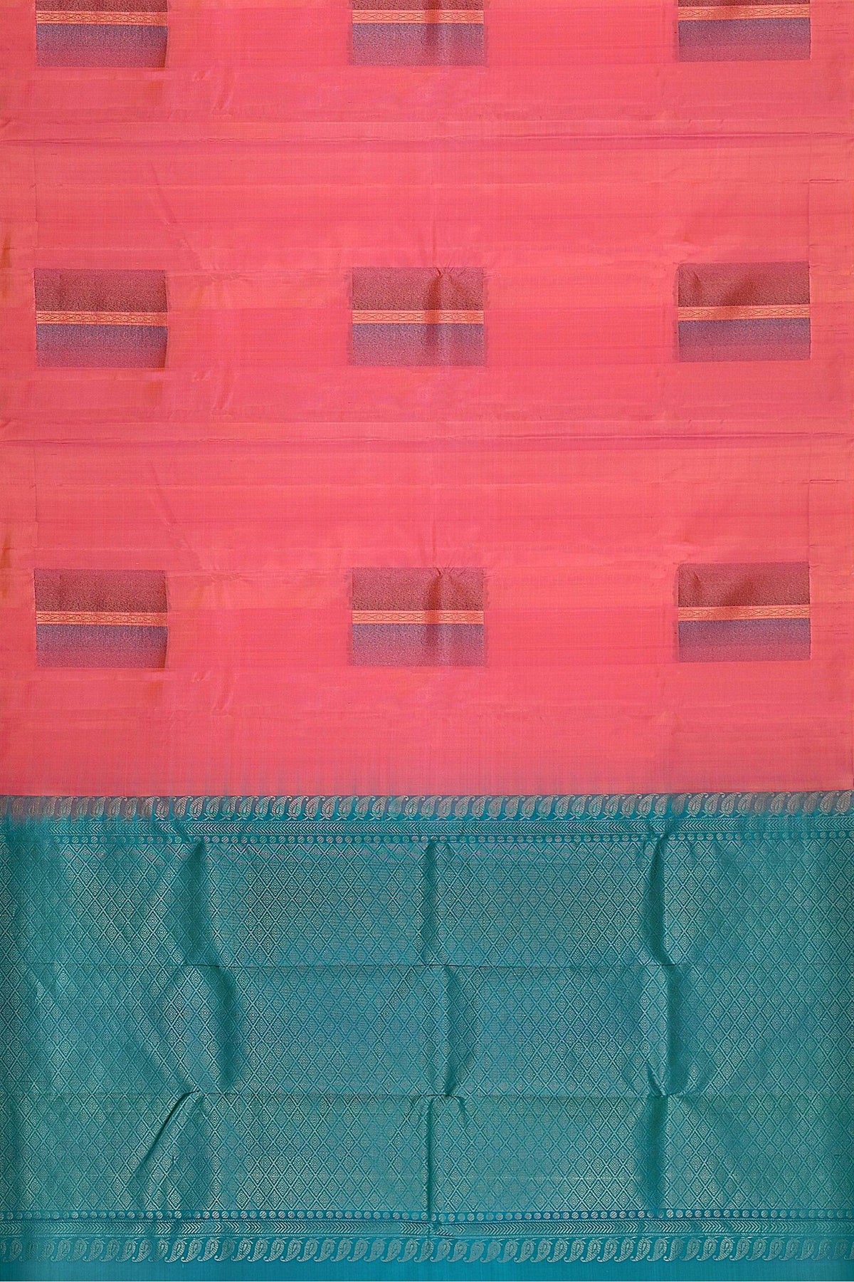 A flat representation of the handwoven soft silk saree in pink base and teal pallu with glittered motifs in neem zari.
