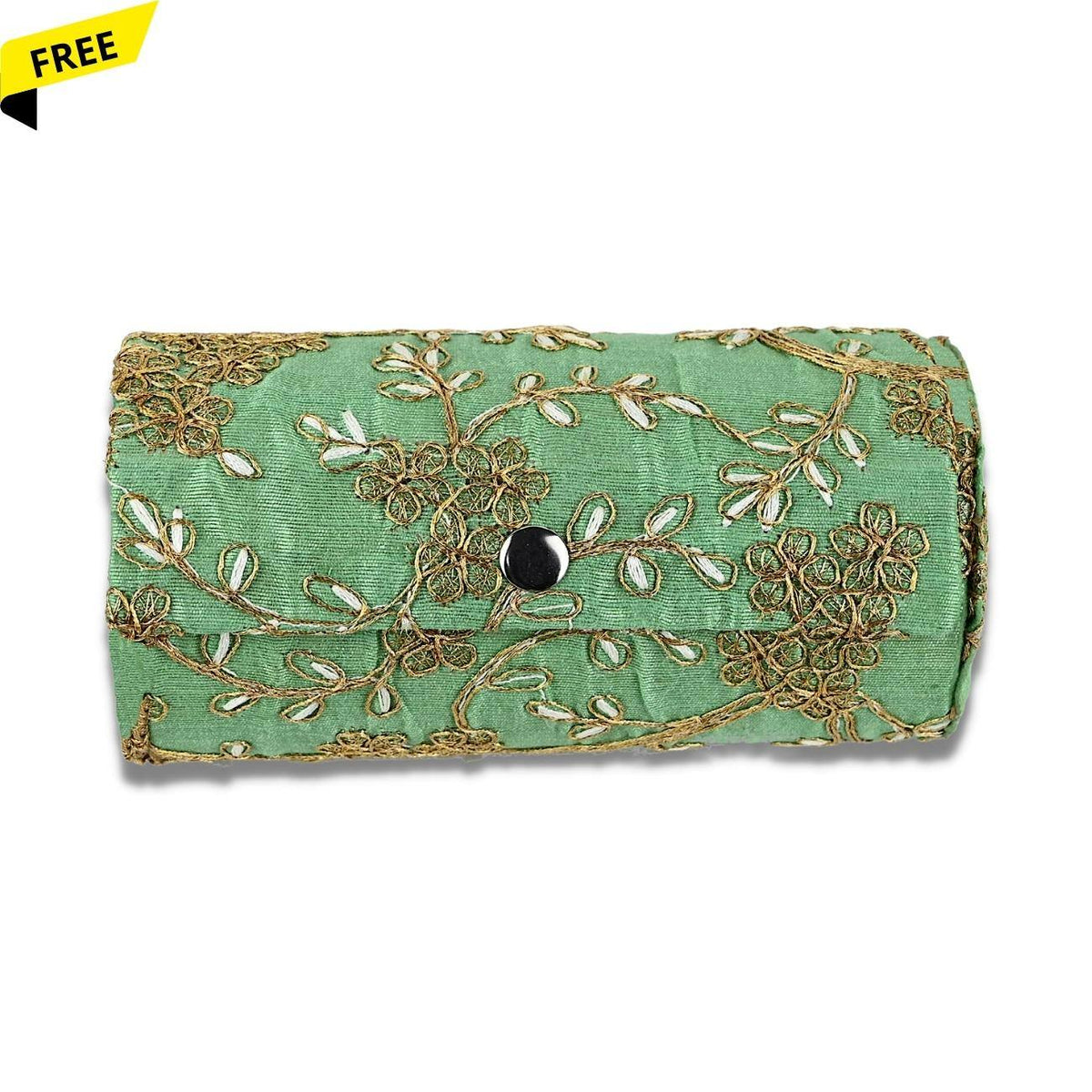 Silk thread bangle box in pastel green color with snap buttons for a safe storage of silk thread bangles. A free add-on with every purchase of the bangles set.